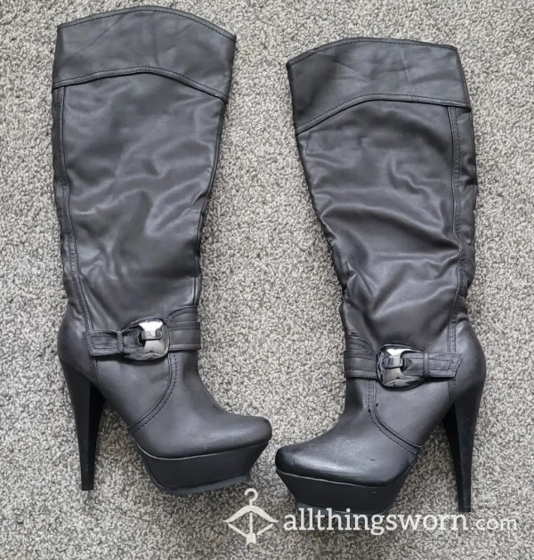 Sexy Black Faux Leather Heeled Boots.. Well Worn