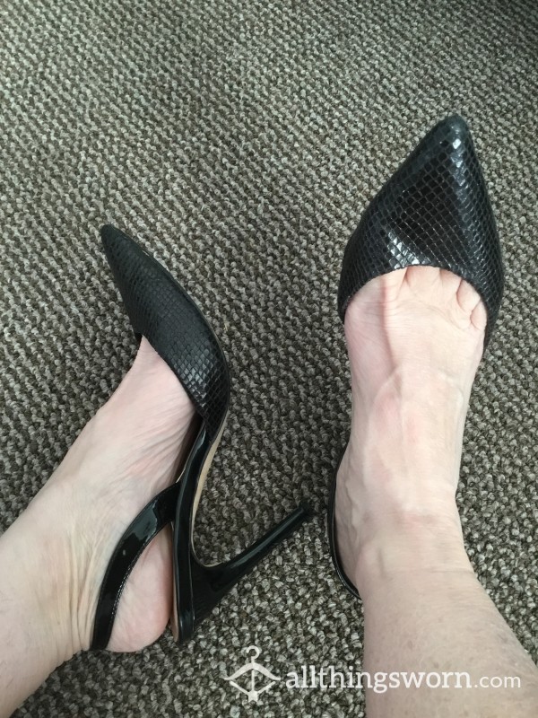 Sexy Black Leather Snake Skin Print Sling Shoe With Patent Strap