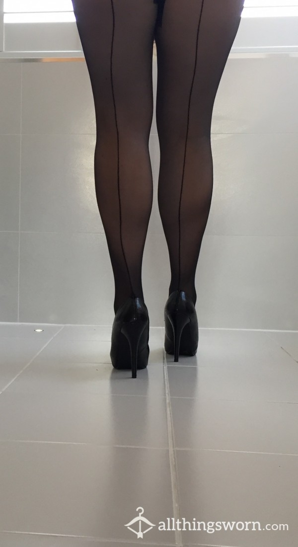 Sexy Black Seamed Tights, Worn With No Knickers