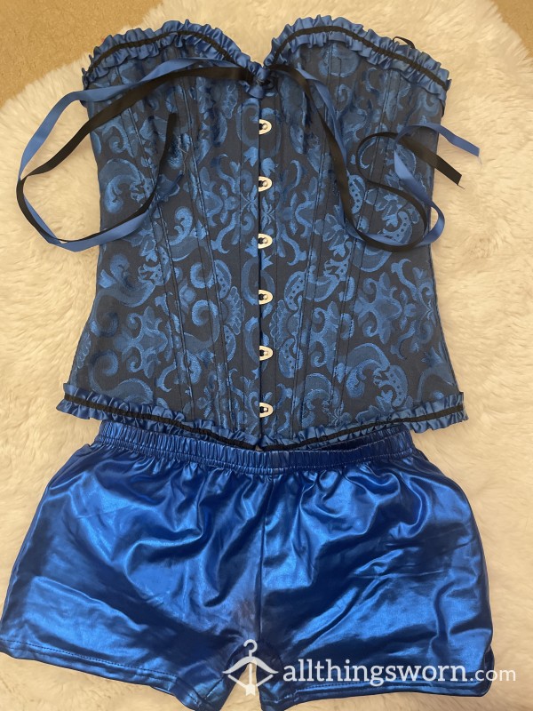 Sexy BLUE Corset & Leather Hot Pants