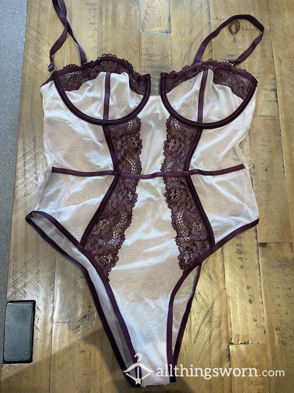 Sexy Burgundy & Nude Mesh Lingerie Bodysuit