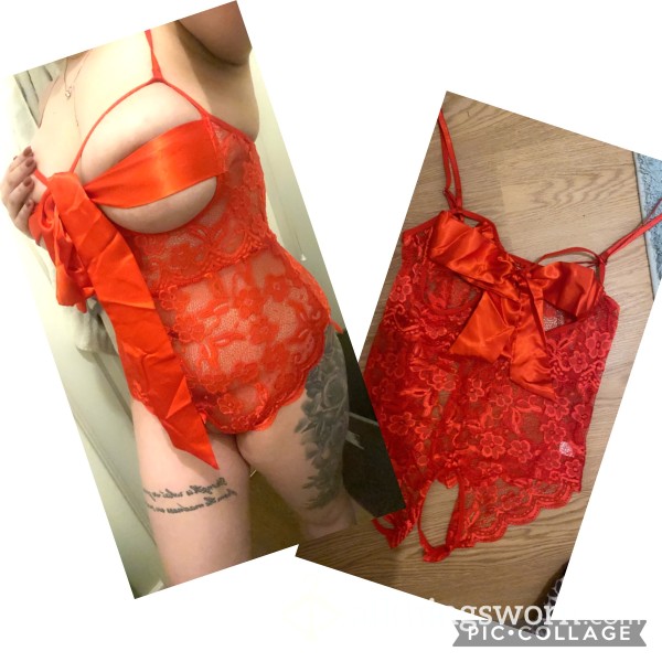 Sexy Crotchless Red Bodysuit With A Silk Bow ❤️💋😈
