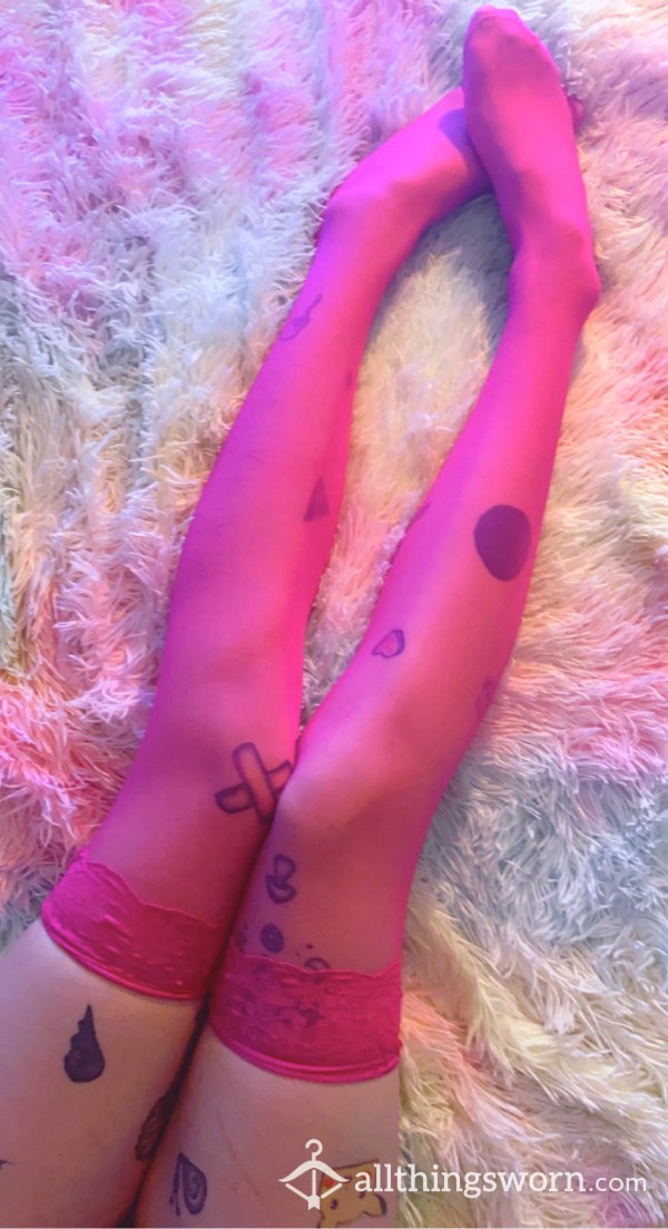 Sexy Hot Pink Thigh High Stockings With Lace Trim