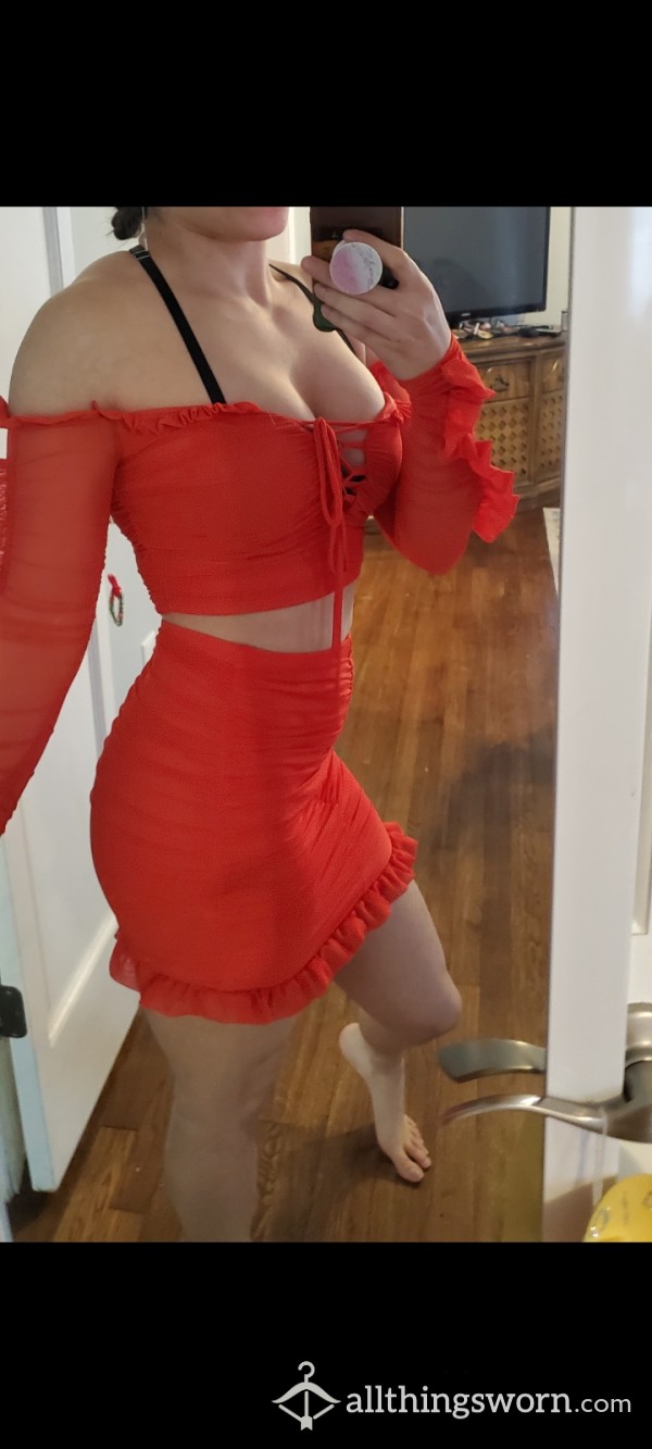 Sexy NYE Dress Skirt Top Set Fire Red, Size S