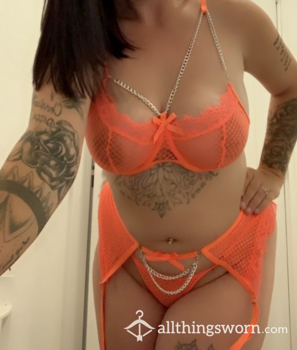 Sexy Orange Lace And Chain Set