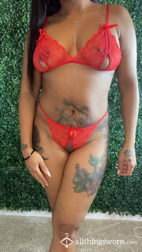 Sexy Red 2 Piece Open Crotch Lingerie