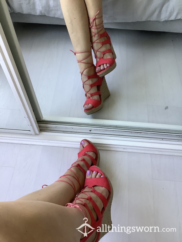 Sexy Red Lace Up Summer Peep Toe Wedges, UK 5