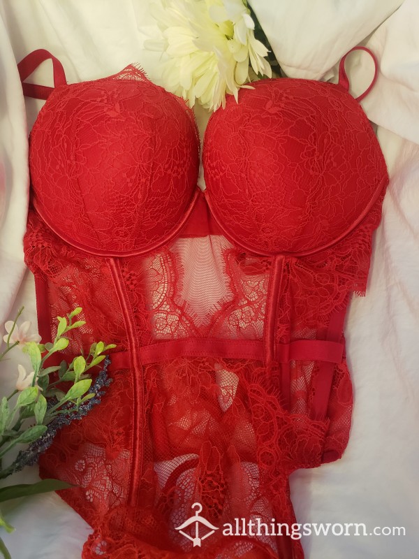 Sexy Red Lace Victoria's Secret Bombshell Bodysuit (Large)