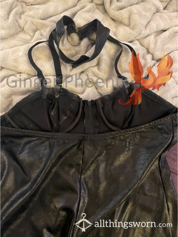 Sexy Slave Zip-up!  WORN As Hell.  Polyester + Polyurethane In Black.  Size 14-16 US Womens
