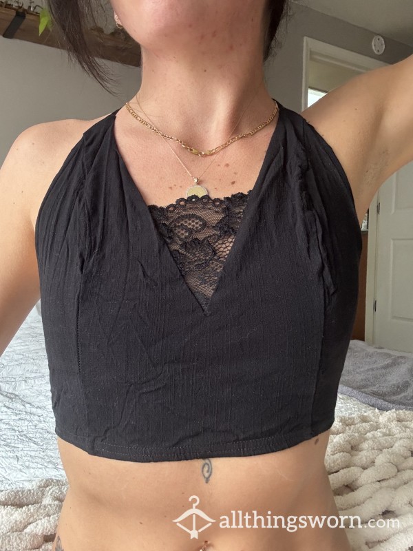 Sexy Summer Black Free People Linen With Lace Tank Top