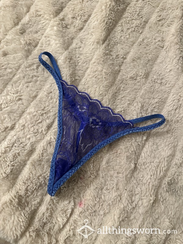 Sexy Tiny Sheer Lace Blue Thong Panties Worn