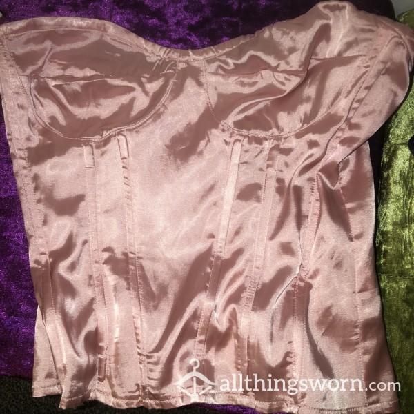 Sexy Used Well Worn Pastel Pink Satin Feel Plastic Boned Corset Top
