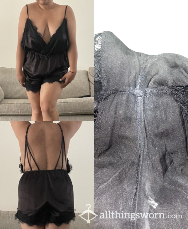 Sexy Worn & Creamy Black Silk/Satin All In One With Lace