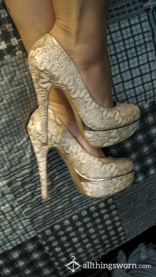 So Sexy Worn Open Toes Size 6uk Cream And Gold Textured High Heels £45 💯🔥🔥🔥