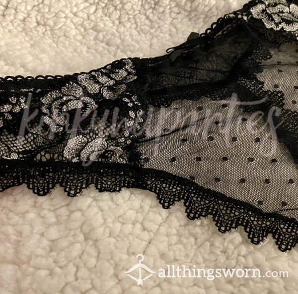 Sheer Black Lace Thong With White Floral Detail - Includes 2-day Wear & U.S. Shipping 🖤