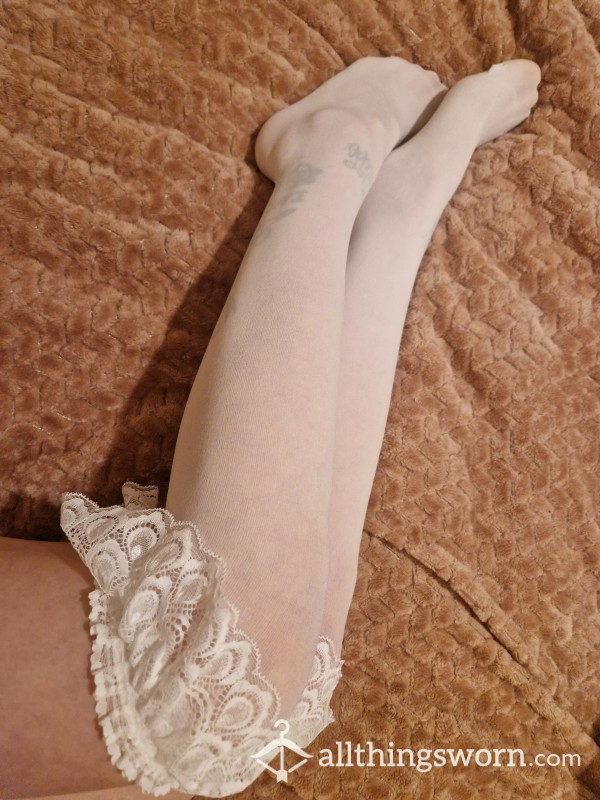 Sheer Frilly Lacey White Over The Knee Socks