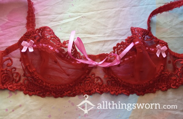 Sheer Red Bra With Ribbon Details
