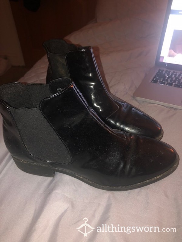 Shiny Black Boots Well Worn