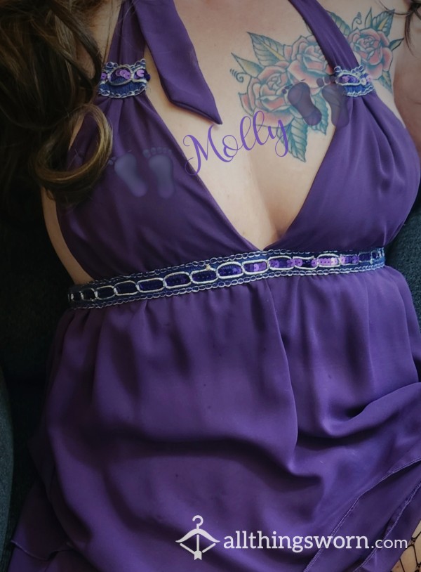 💜Short And Sexy Purple Club Dress - Sequin Detail, Tie Halter Top And Tie Back - Very Worn And Loved - Sissy Wear