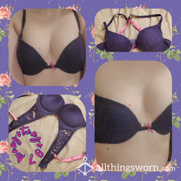 🎀Shredded Dark Blue Lace Bra With Pink Bow, 32A 🎀