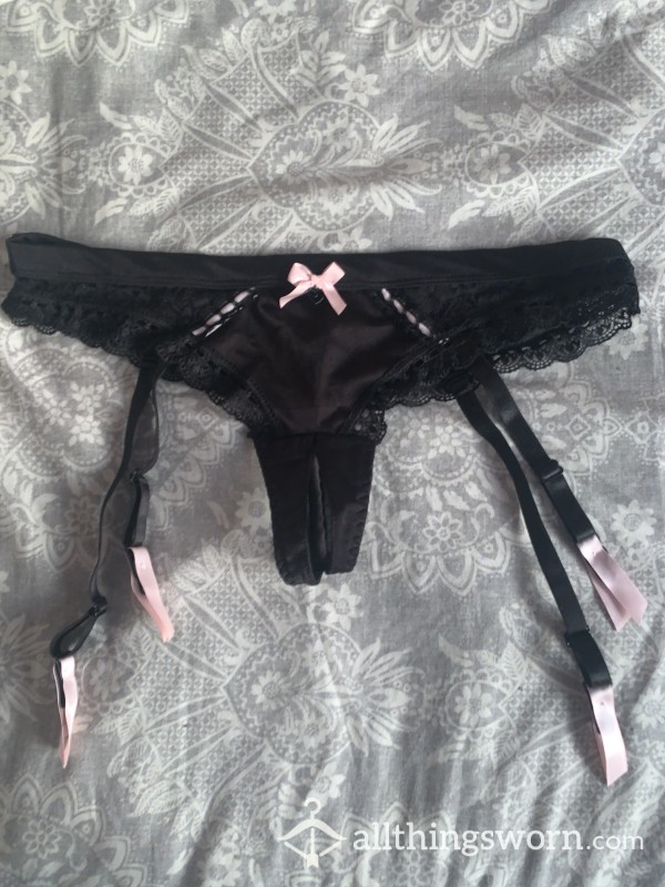 Silk And Lace Crotch Less Thong With Suspenders