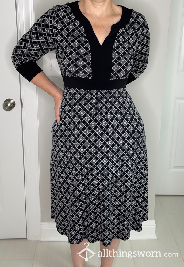 Silky, Black And Grey Block Print Dress With Tie Waist