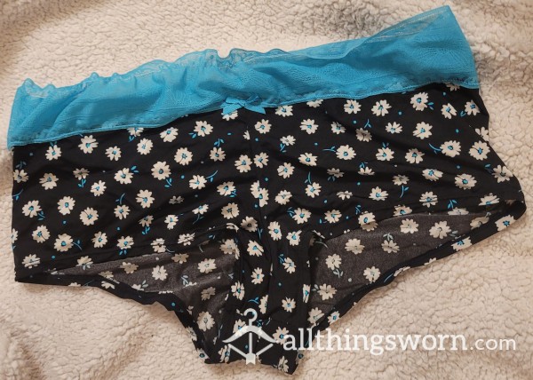 Silky Black Panties With Blue Flowers