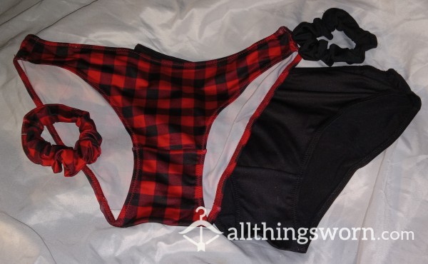 Silky Black/red Checked Or Plain Black Bikini-style Panties