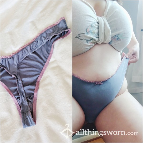 Silky Grey Thong With Rose Ruffle Trim