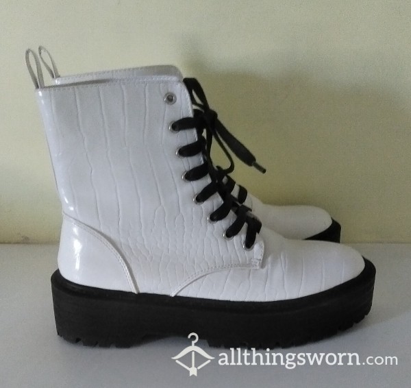Nasty Gal White Platform Boots, Size 6