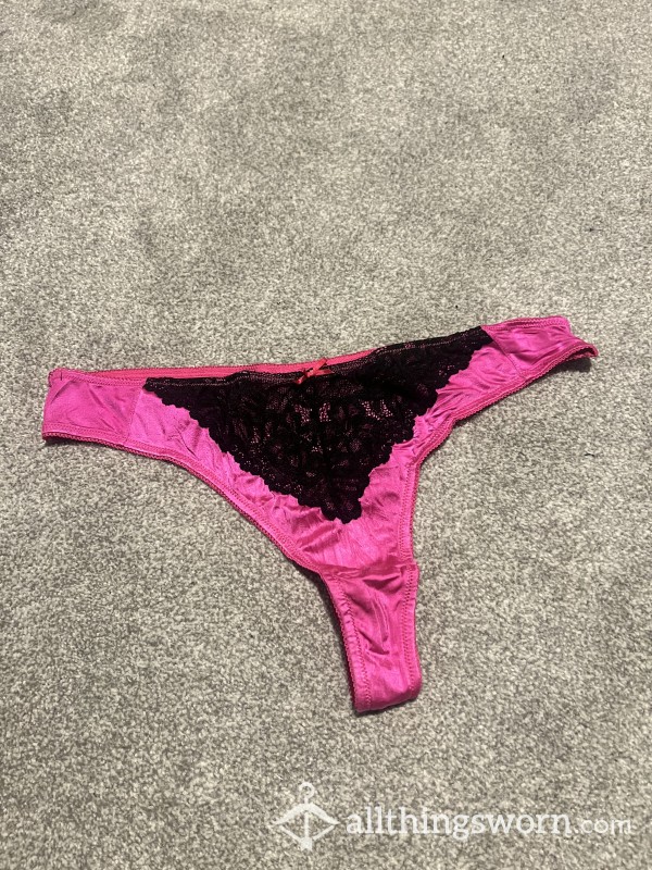 Silky Pink And Black Lace Thong