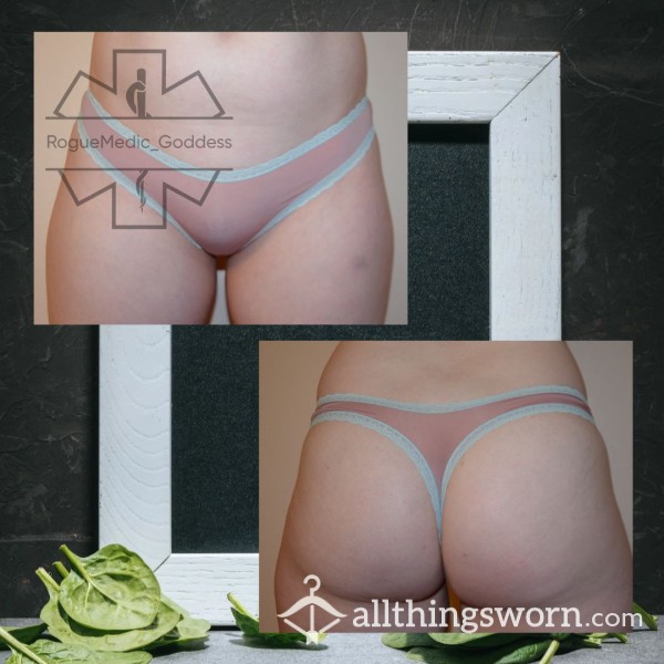 Silky Satin Dusty Rose With Baby Blue Lace Trim Thong - Medium