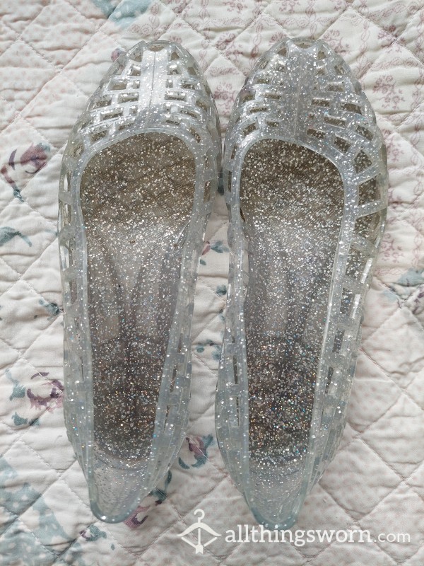 Silver Jelly Shoes, Visible Foot Prints, Well Worn, Size 3, Bbw, Pawg, Milf