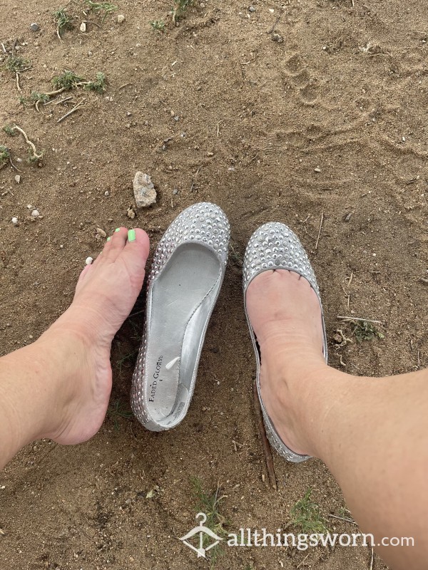 Silver Slip On Flats Shoes, Stinky Smelly Worn In Sz 8