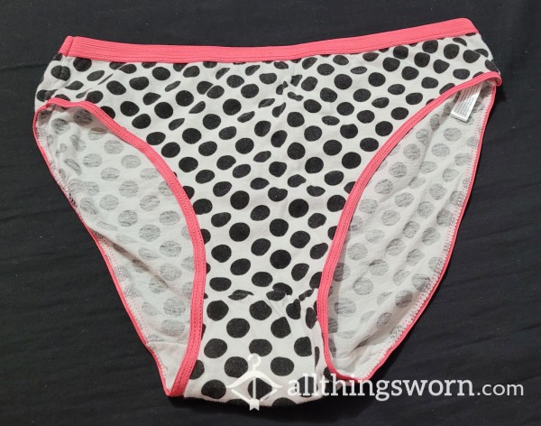 Size 10 White And Black Polka Dot Bikini Panties With Pink Trim