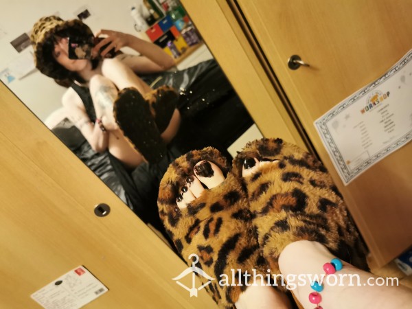 Size 4 / EU 37 Cheetah Leopard Print Slippers Worn Sweaty By Goth Emo Girl