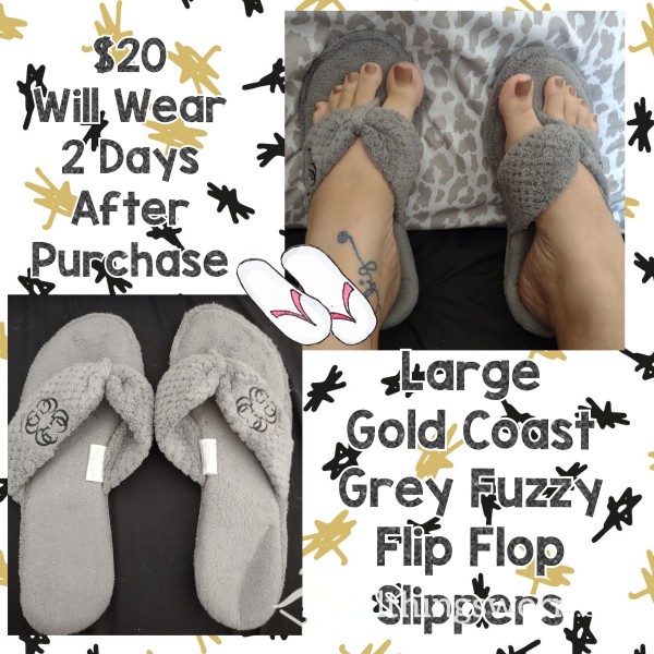 Size Large Gold Coast Grey Fuzzy Flip Flop Slippers