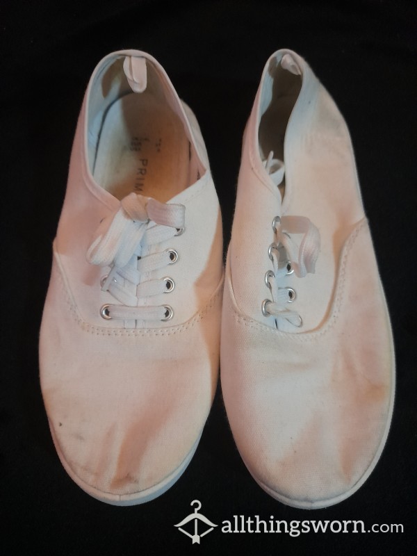 Size UK 4 Very Stinky White Dance Pumps With Toe Prints And Dirty Insoles