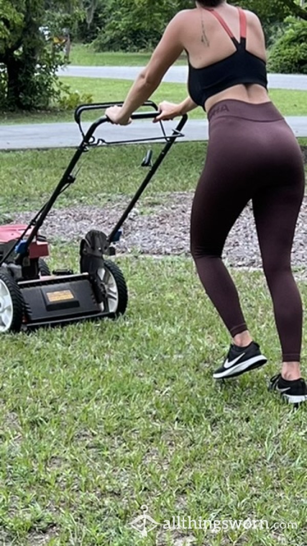 Skin Tight Ribbed Leggings Worn To Mow The Grass!