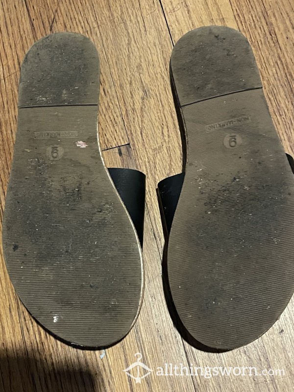 Slide In Black Leather Strap Flip Flops, On SALE, Well Worn, I Love Them Because They’re Easy On And Comfy Too! But Now They Smell, Are Worn Out And I Need New Ones Grab These!