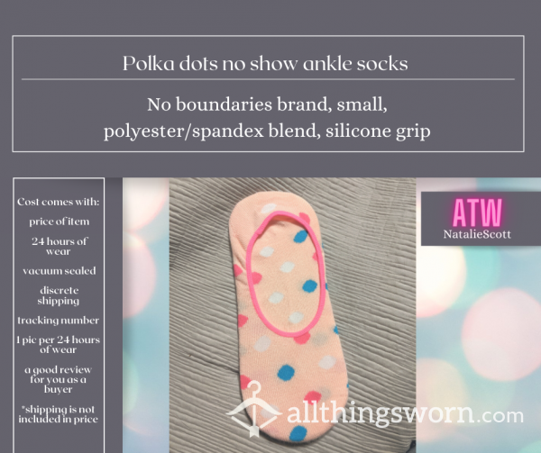 🛒📸 Small 🍁 No Boundaries Brand 🍁 Polyester/spandex Blend 🍁 No Show Sock 🍁 Pink Socks With Polka Dots 🍁 Silicone Grip On Heel