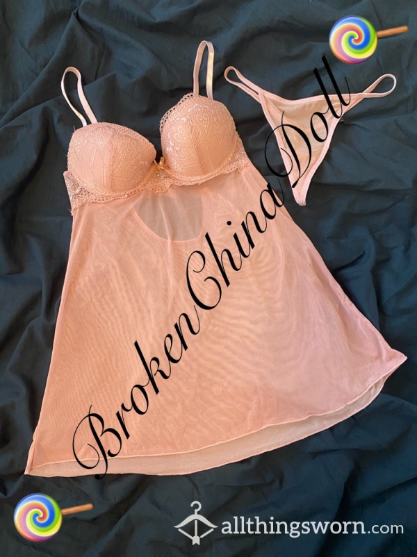 Small Peachy Lace To Sheer  Babydoll & Thong Set