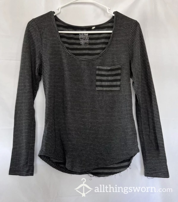 Small Ripped Grey And Black Striped Long Sleeve Shirt
