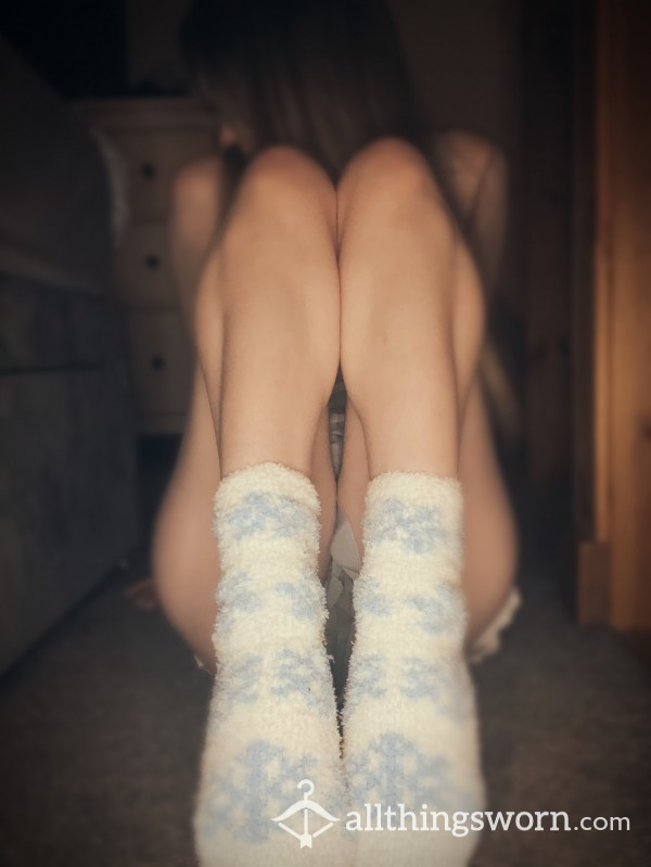 Snowflake Christmas Fluffy Socks - Worn To Bed, With Imprint Of Feet On The Bottom.