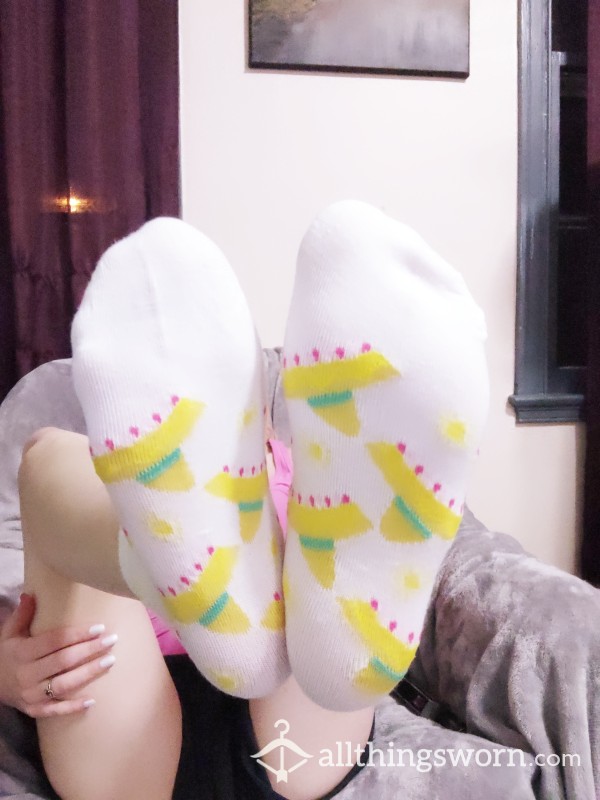 Socks, White With Decor Small Feet Worn