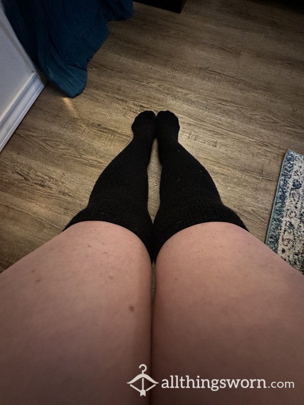 Soft Fuzzy Black Thigh High Socks