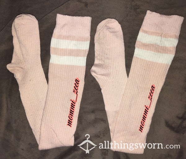Soft Pink Thigh High Socks With White Stripes