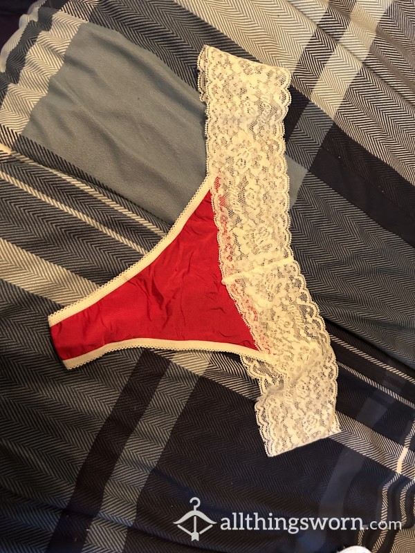 Soft Red And White Lace Thong