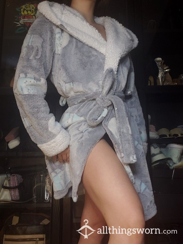 Soft Sherpa Fluffy Fur Blue & White House Coat Robe For Lounging & Sleep