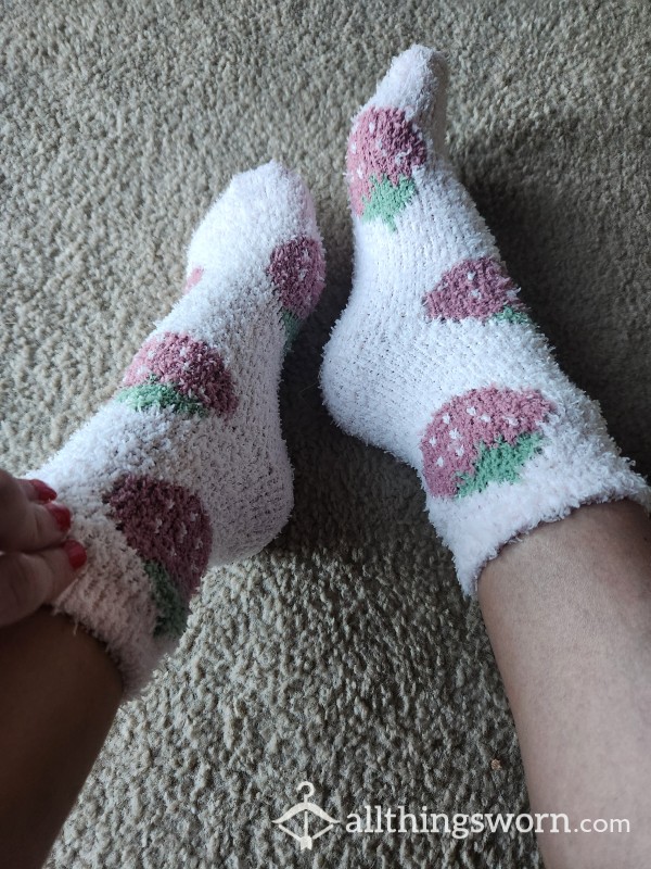 Soft Used Worn Strawberry Fuzzy Socks
